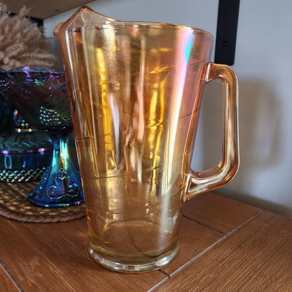 Vintage Jeanette Marigold Carnival Glass Pitcher Swirl Iridescent Mid Century